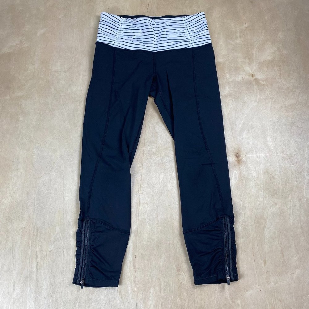 Lululemon Black White Striped Waistband Black with Zipper Ankle Length Leggings